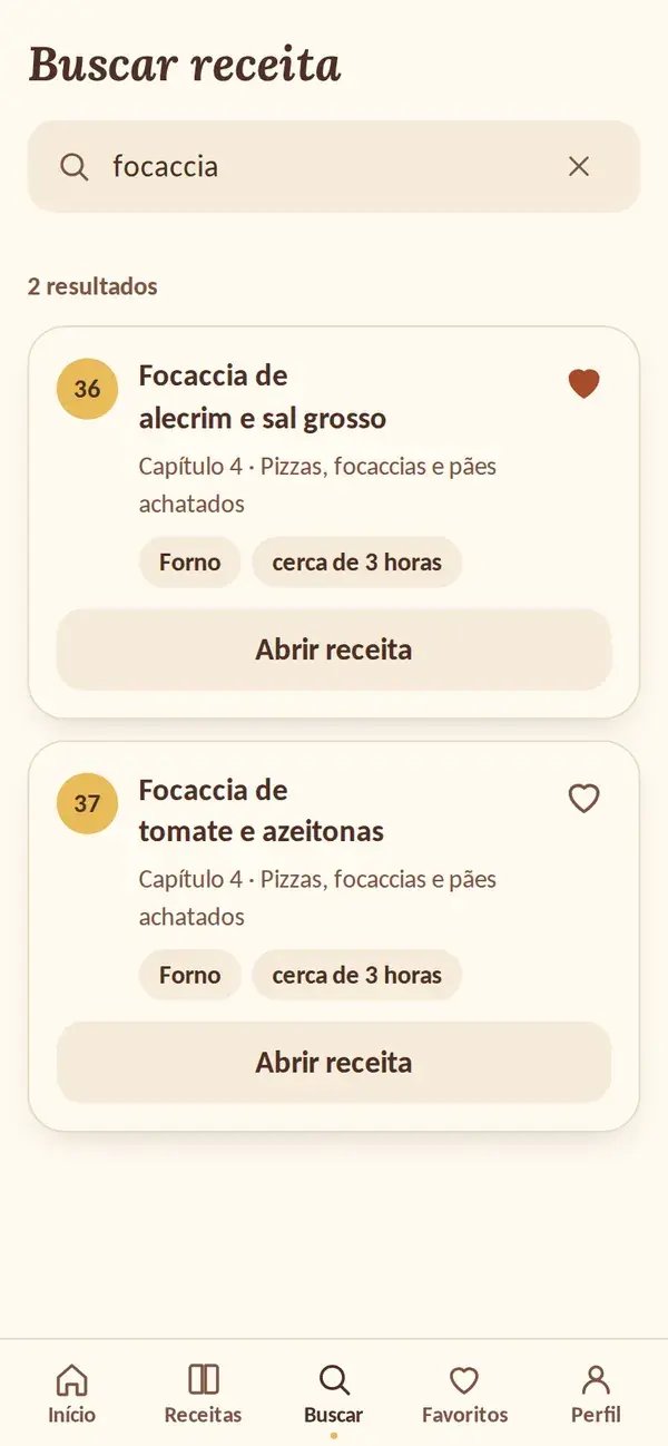 Tela de busca mostrando os resultados para focaccia