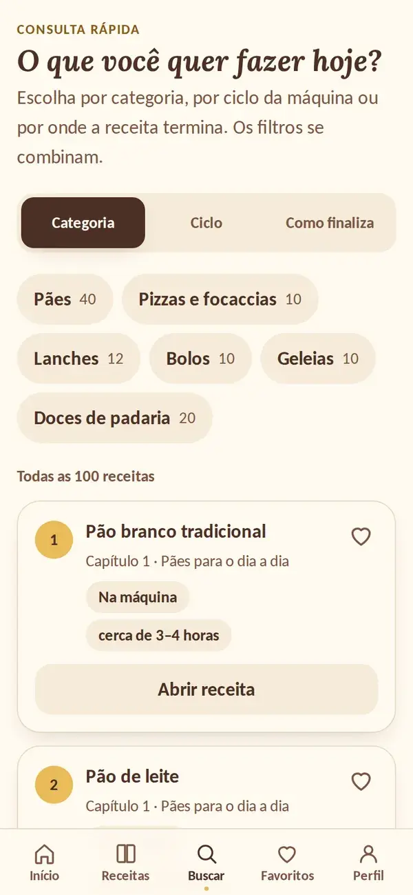 Tela de Consulta Rápida com filtros por categoria, ciclo e finalização