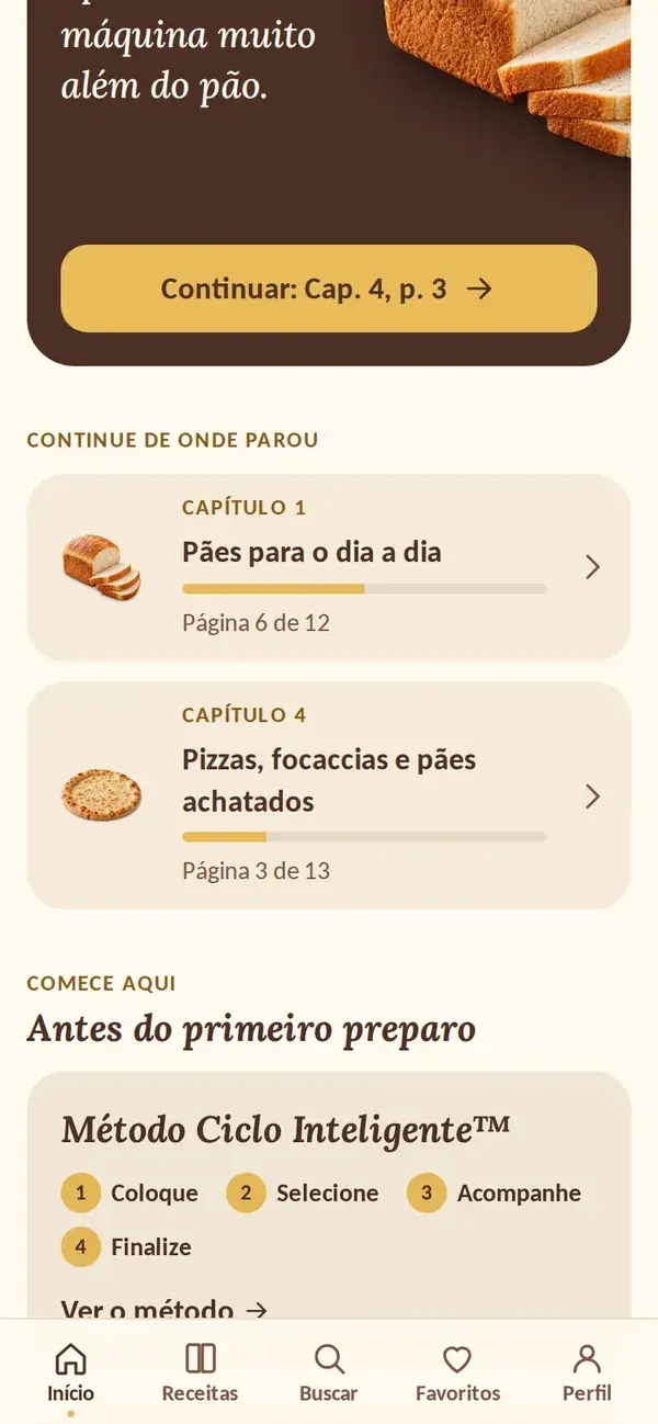 Tela inicial com o bloco Continue de onde parou