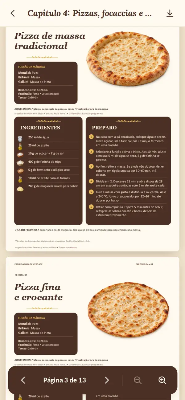 Leitor de PDF do app aberto na ficha da pizza