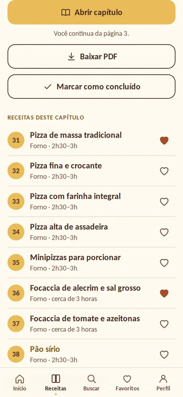 Lista de receitas de um capítulo, com botão para abrir cada receita