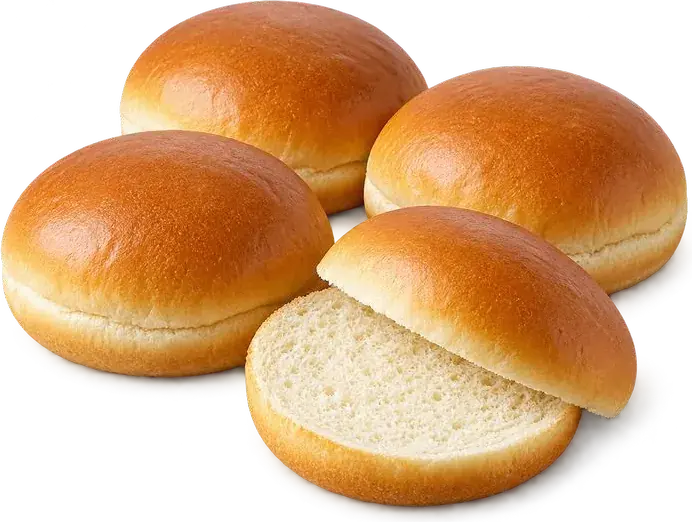 Três pães de hambúrguer dourados, um deles cortado ao meio