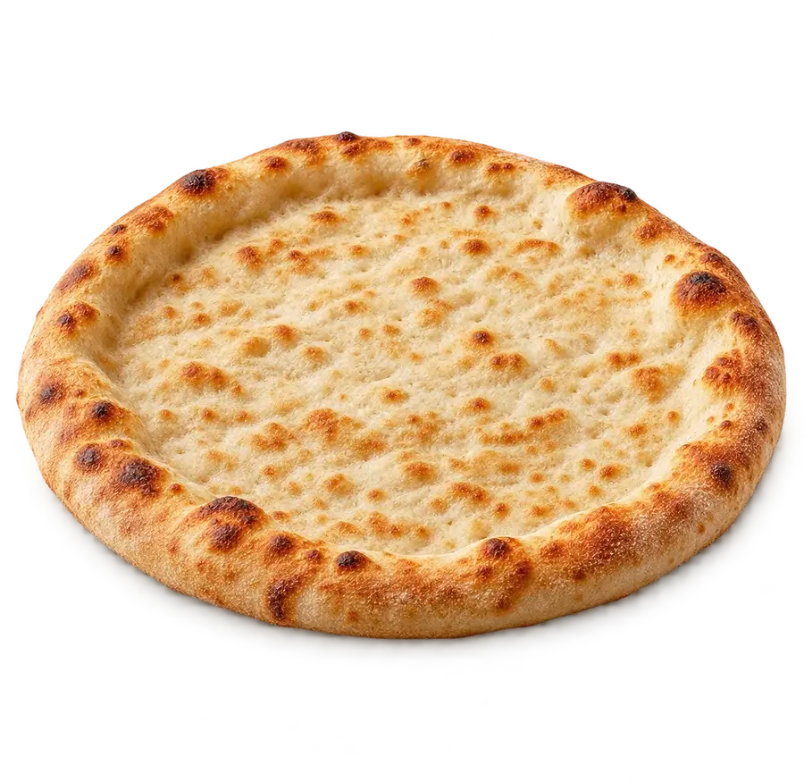 Massa de pizza assada, redonda e dourada nas bordas