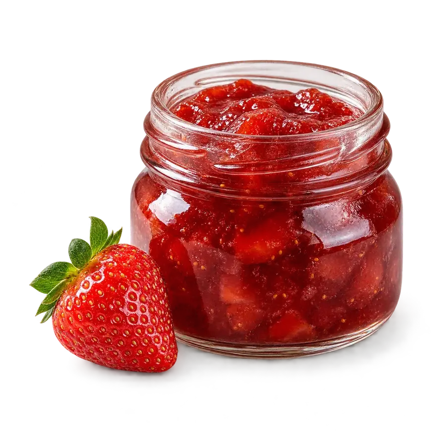 Pote de vidro com geleia de morango e um morango ao lado