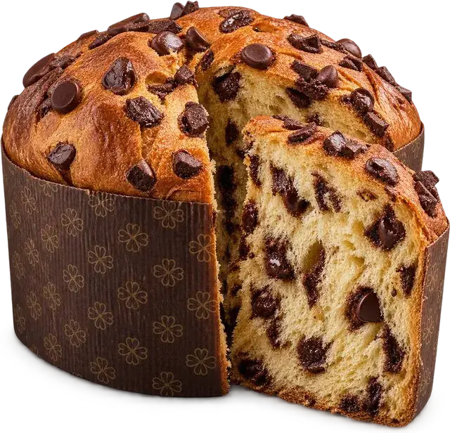 Chocotone com gotas de chocolate, com um pedaço cortado