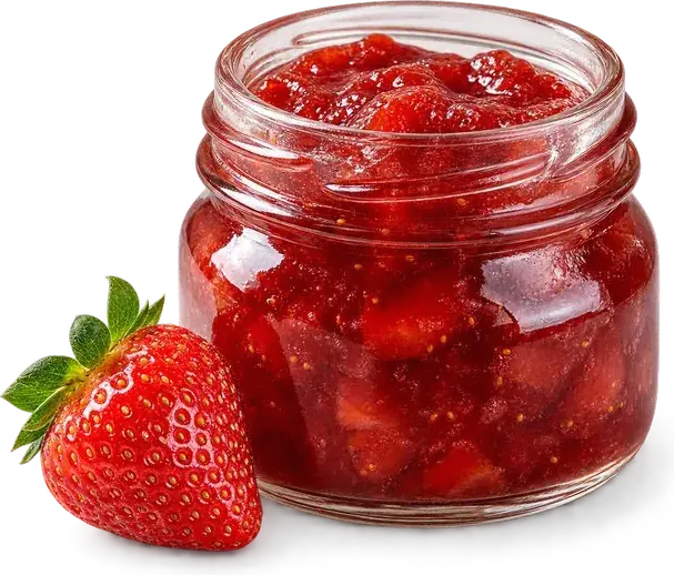 Pote de vidro com geleia de morango e um morango ao lado