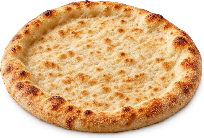 Massa de pizza assada, redonda e dourada nas bordas